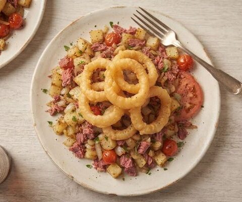James Martin Corned Beef Hash With Beer-battered Onion Rings