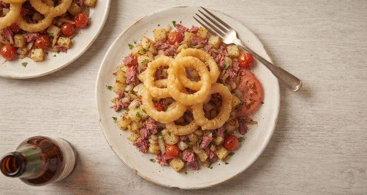 James Martin Corned Beef Hash With Beer-battered Onion Rings